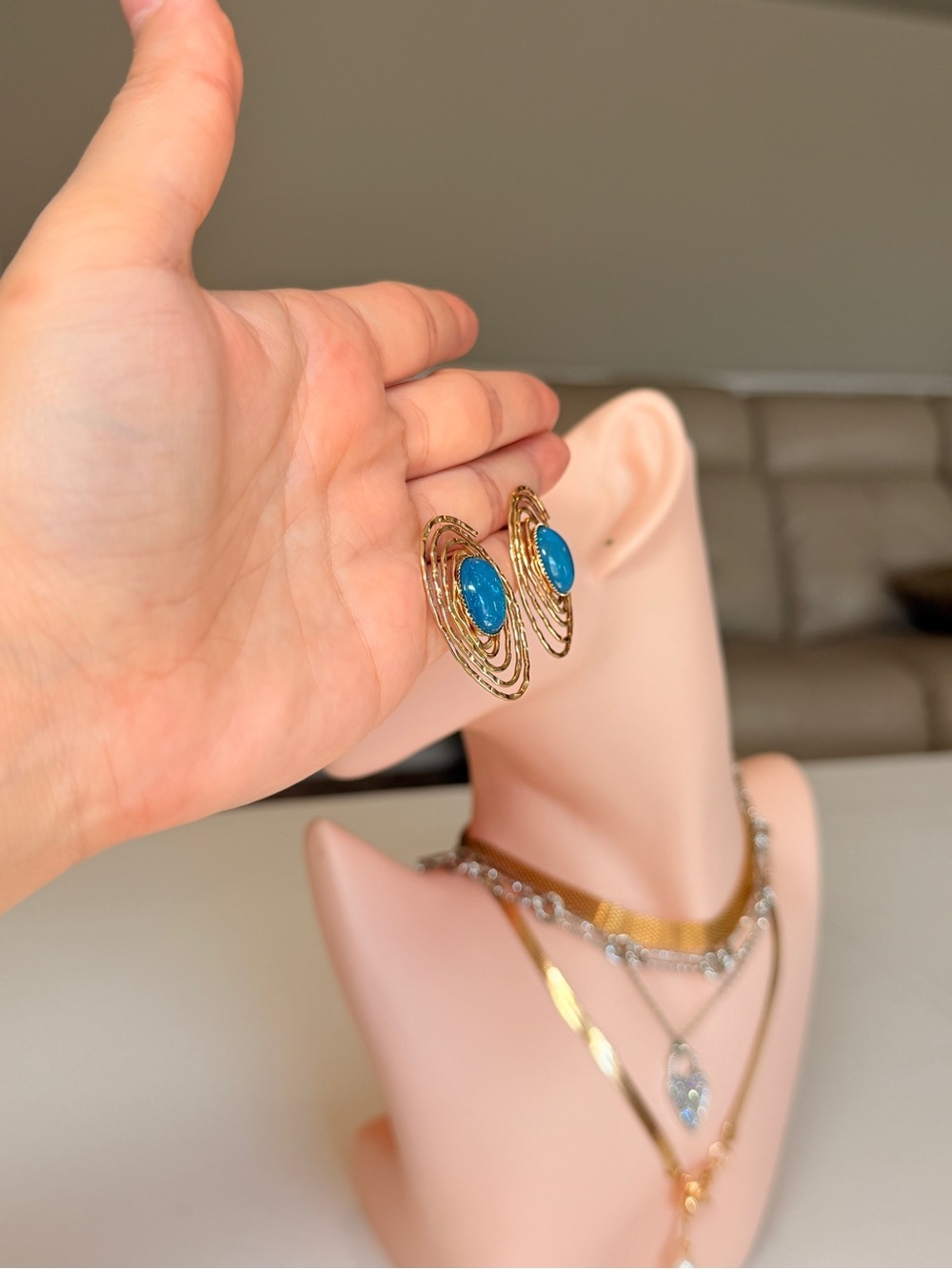 Gold-Tone Earrings with Green Opal Center - Women Jewelry - Picture 10 of 11